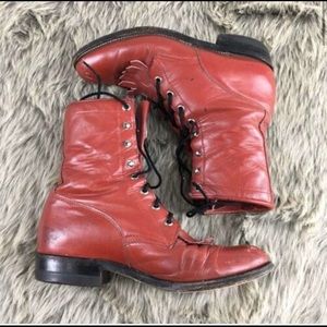 Justin Red Leather Lace Up Boots Size 8 Fringe